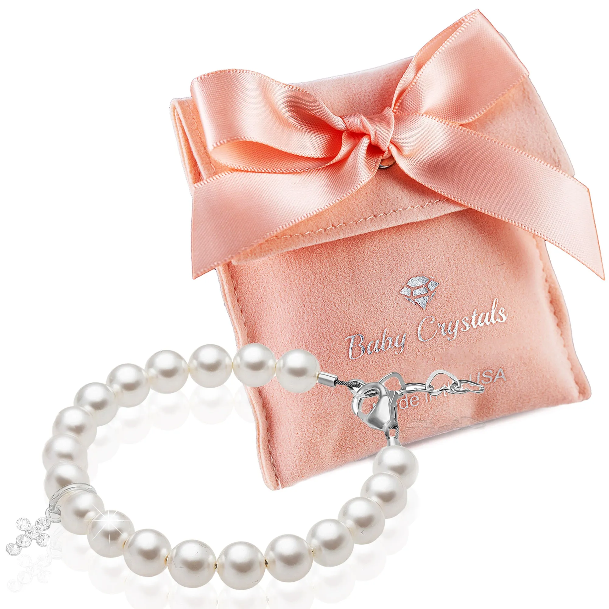 Teen Girl Sterling Silver Crystal Cross White Pearl Bracelet