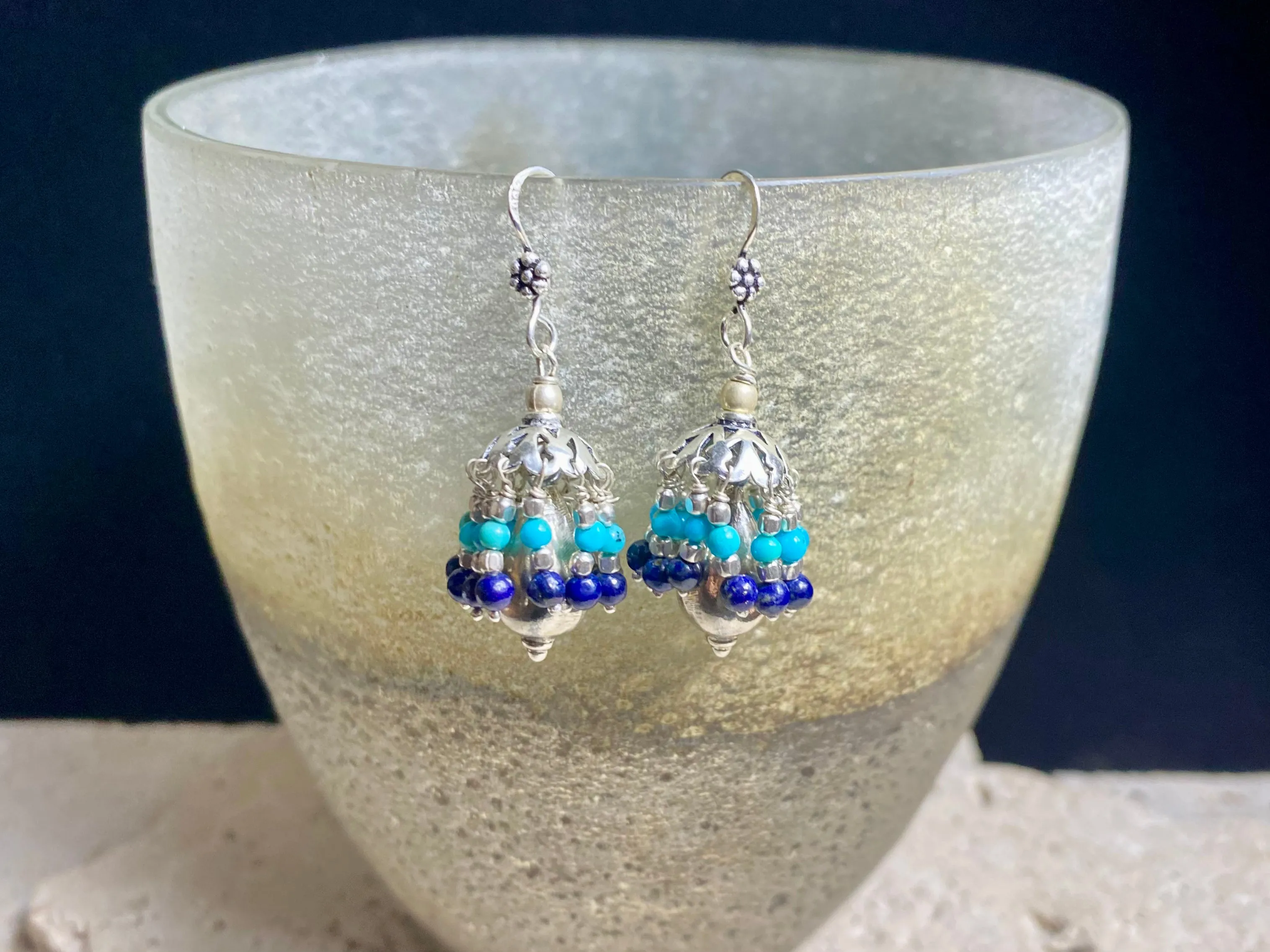 Turquoise And Lapis Silver Jhumka Earrings