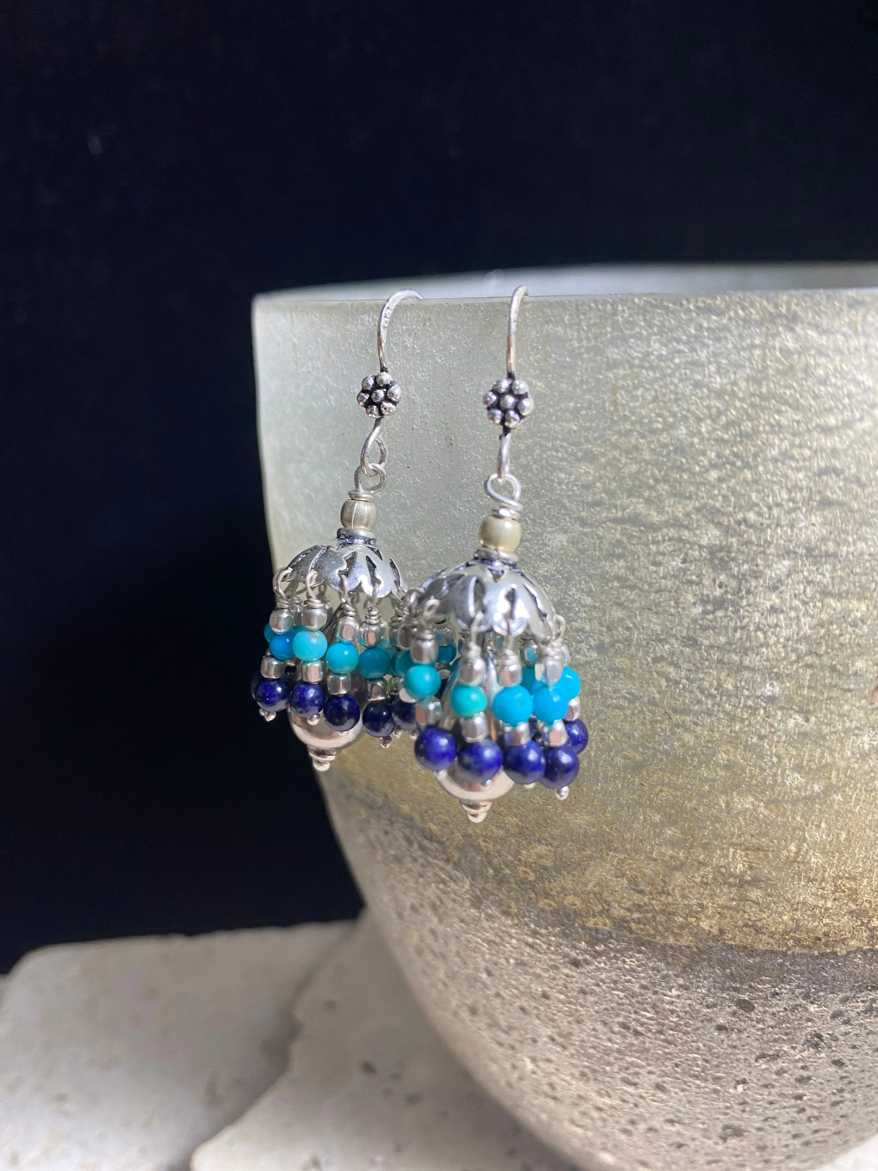 Turquoise And Lapis Silver Jhumka Earrings