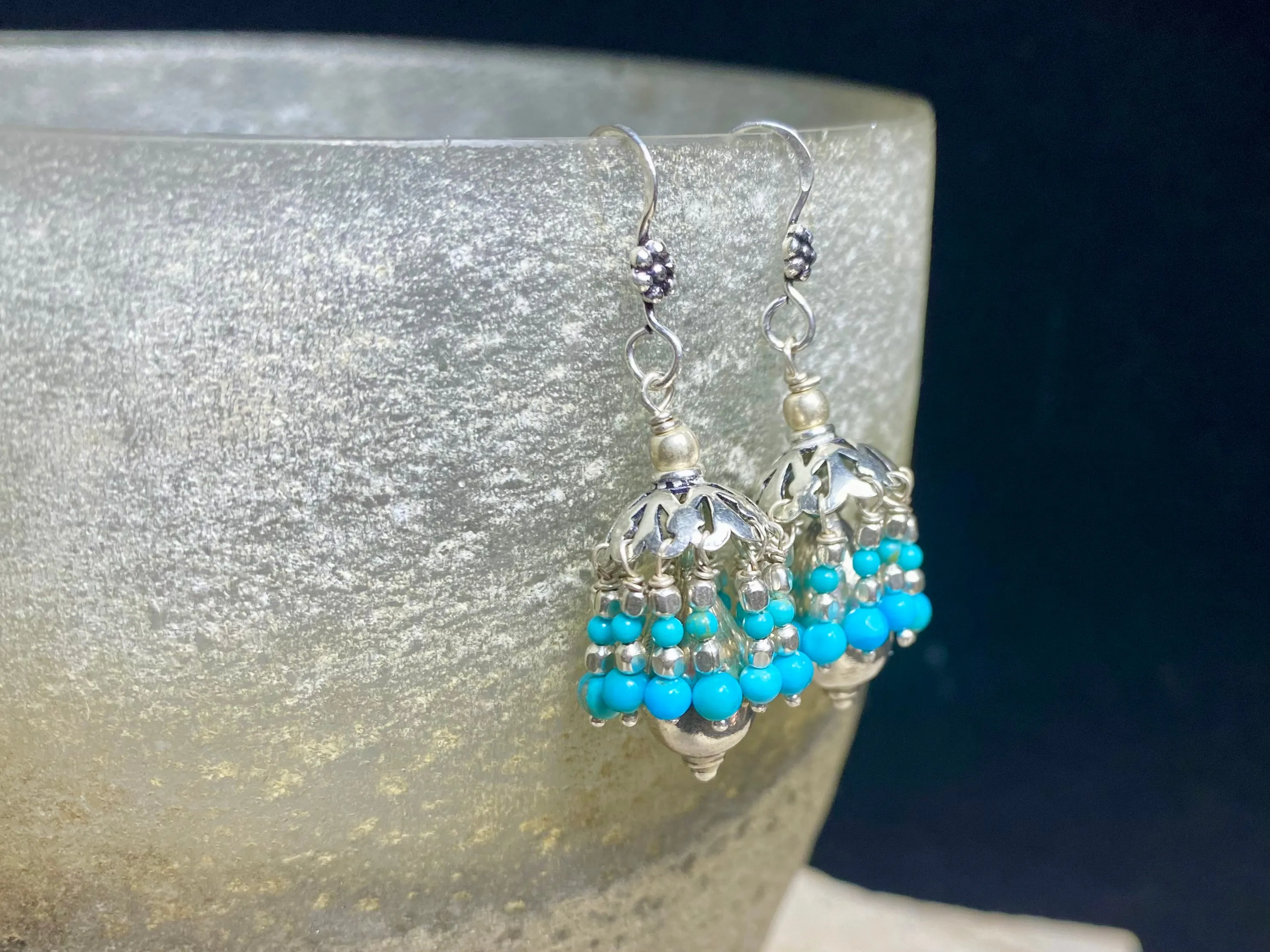 Turquoise And Lapis Silver Jhumka Earrings