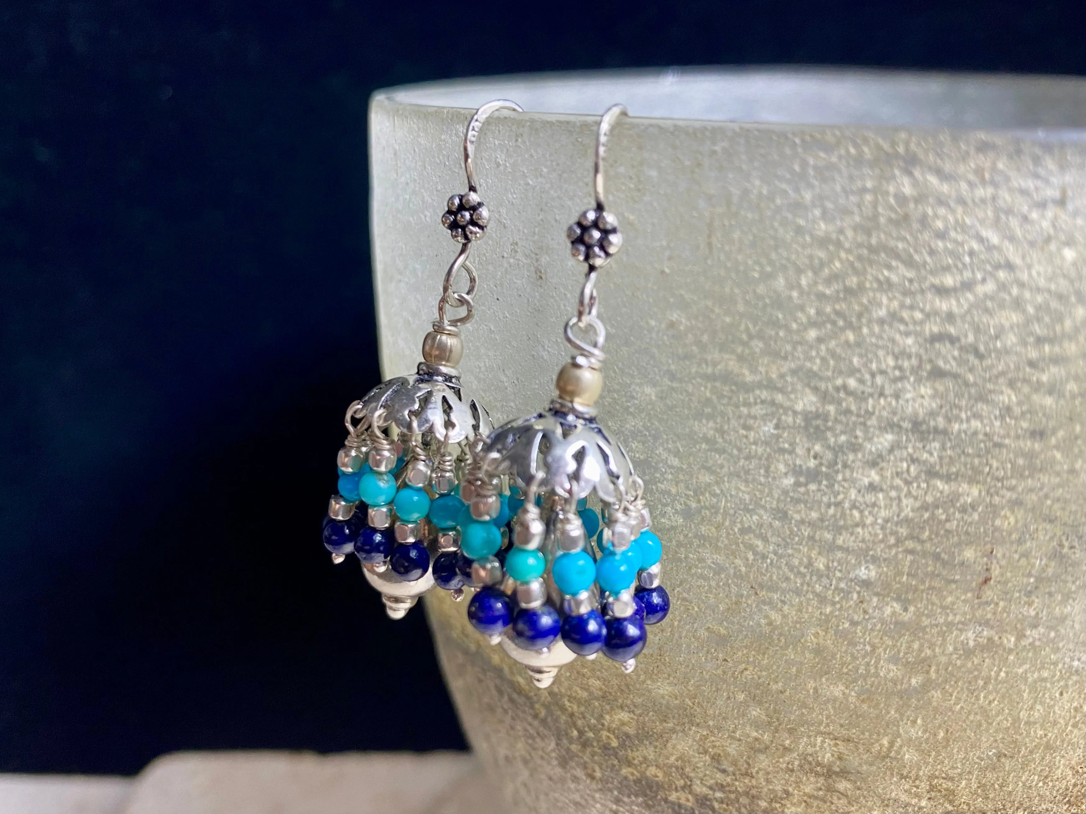 Turquoise And Lapis Silver Jhumka Earrings