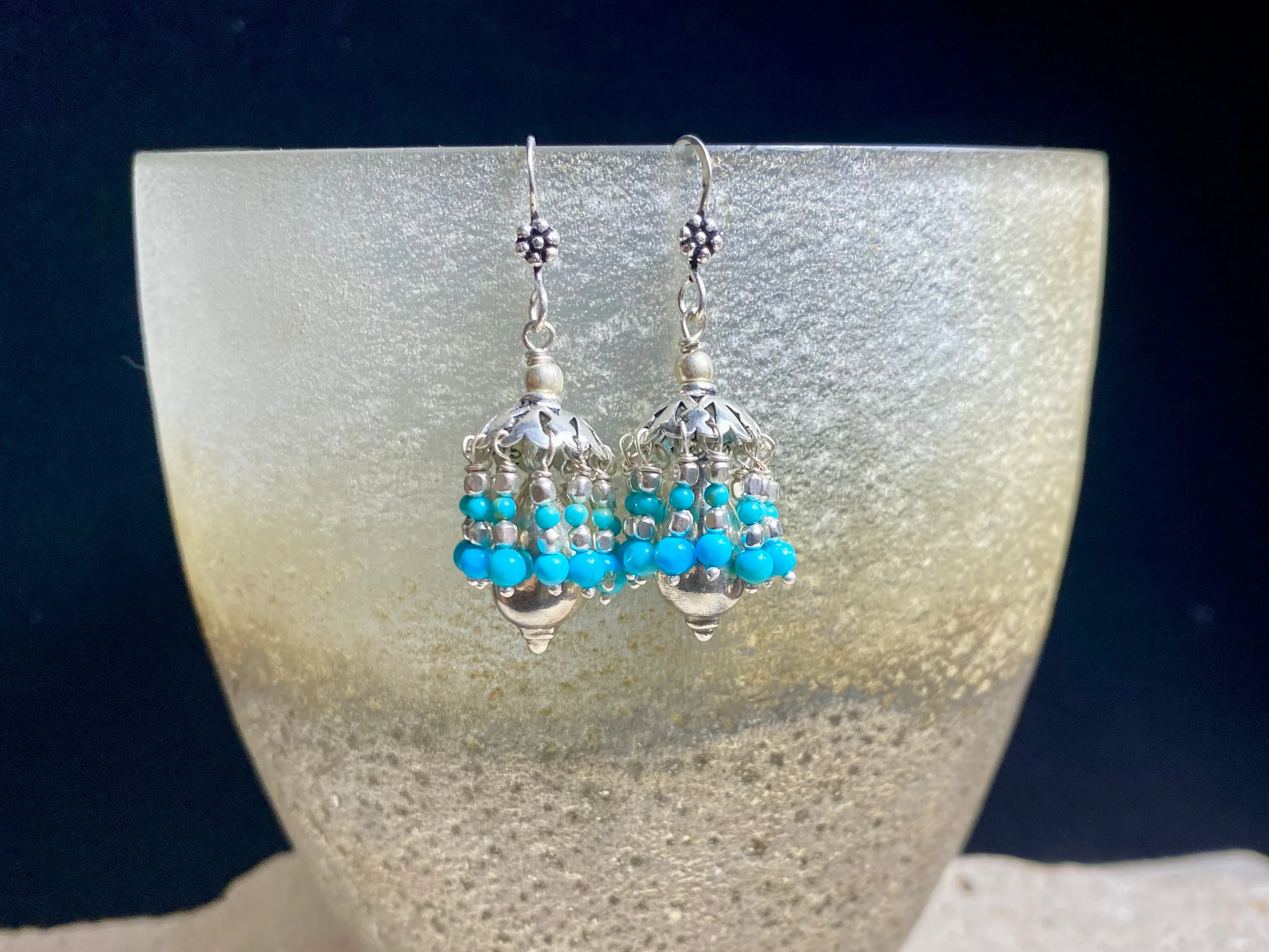 Turquoise And Lapis Silver Jhumka Earrings