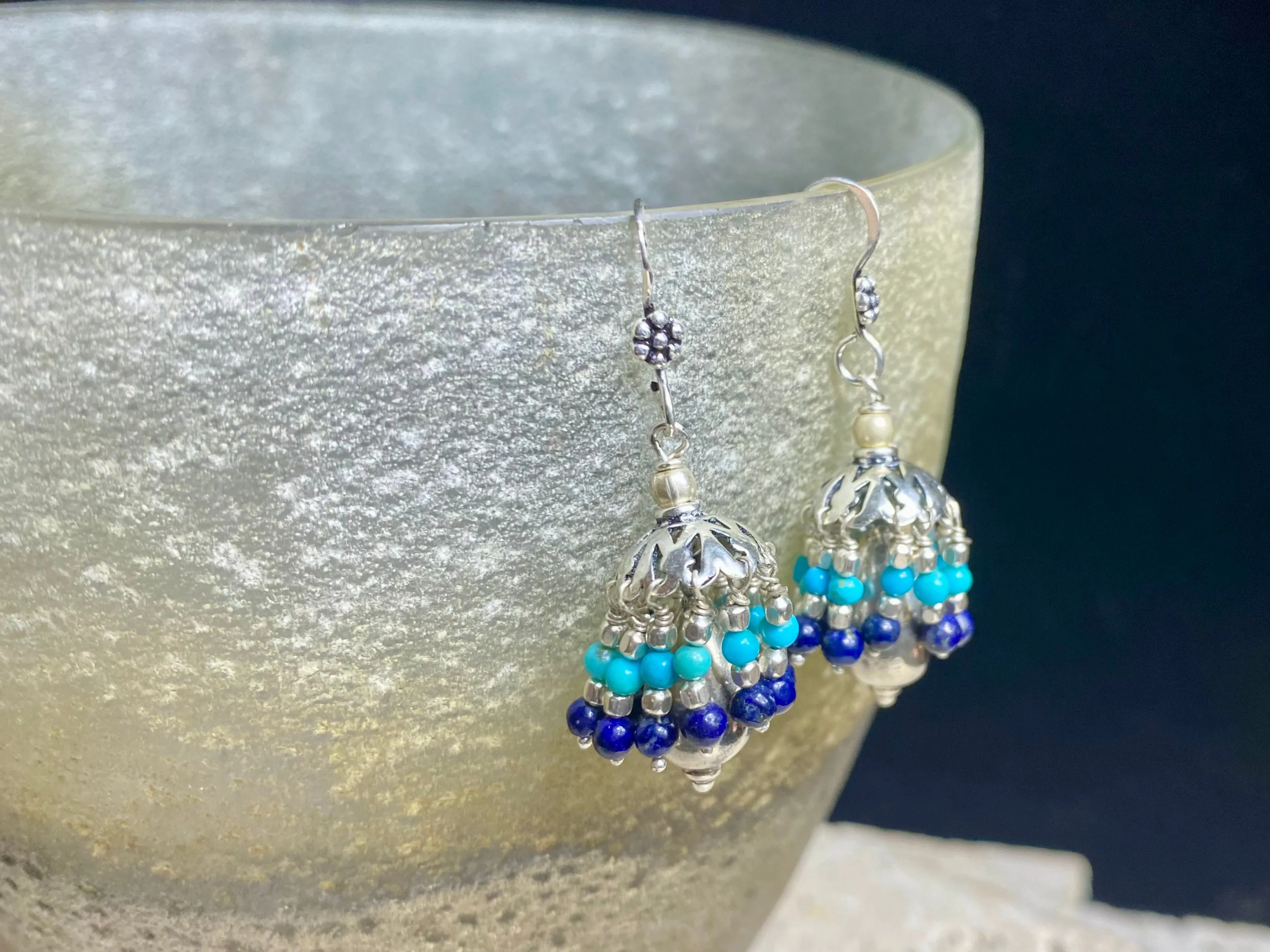 Turquoise And Lapis Silver Jhumka Earrings