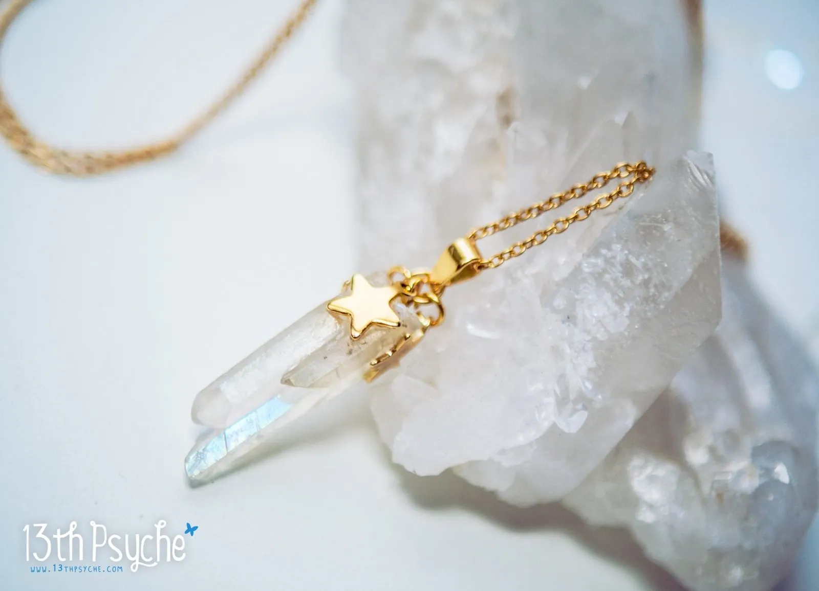 White raw quartz crystal point pendant necklace with golden stars