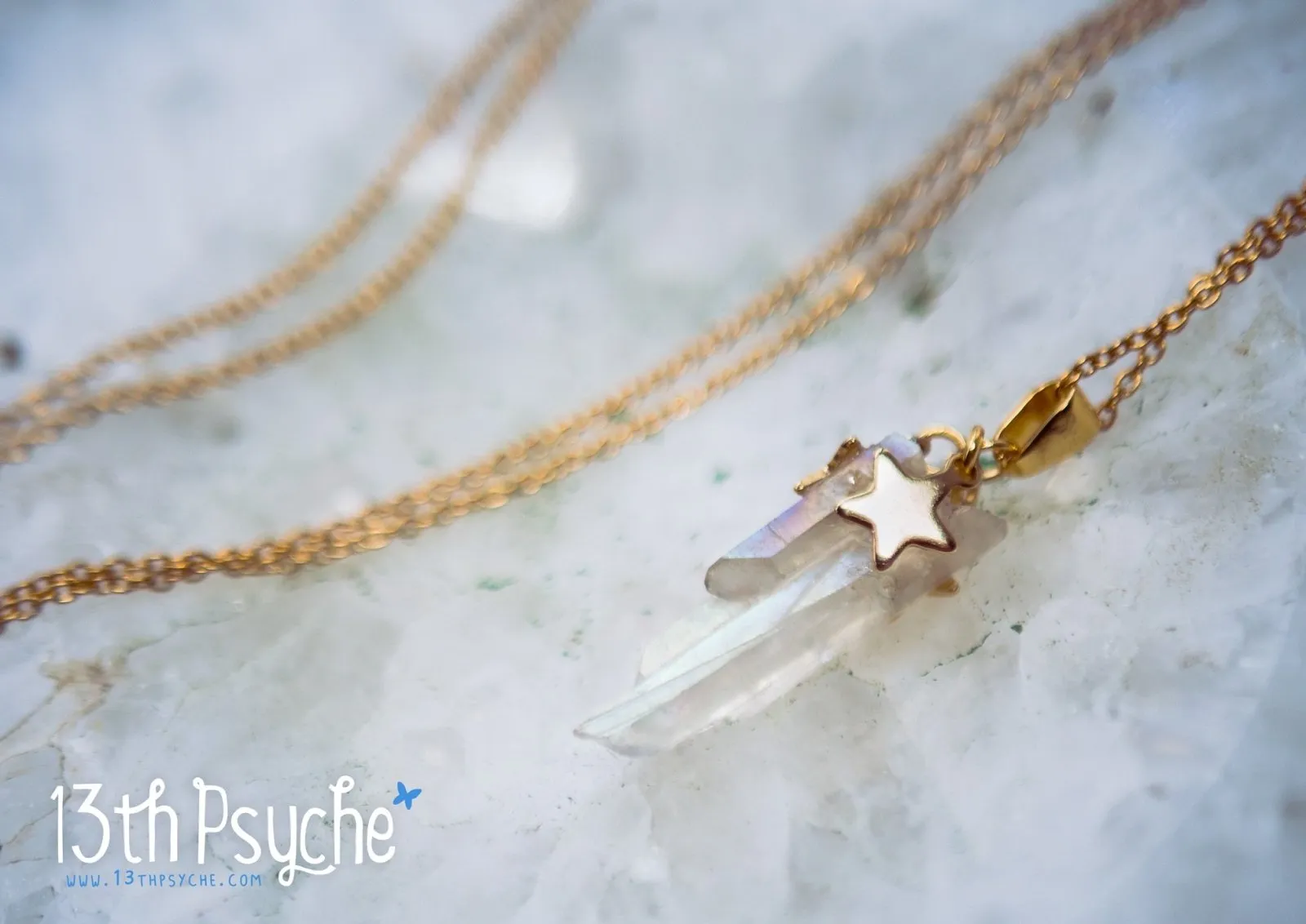 White raw quartz crystal point pendant necklace with golden stars