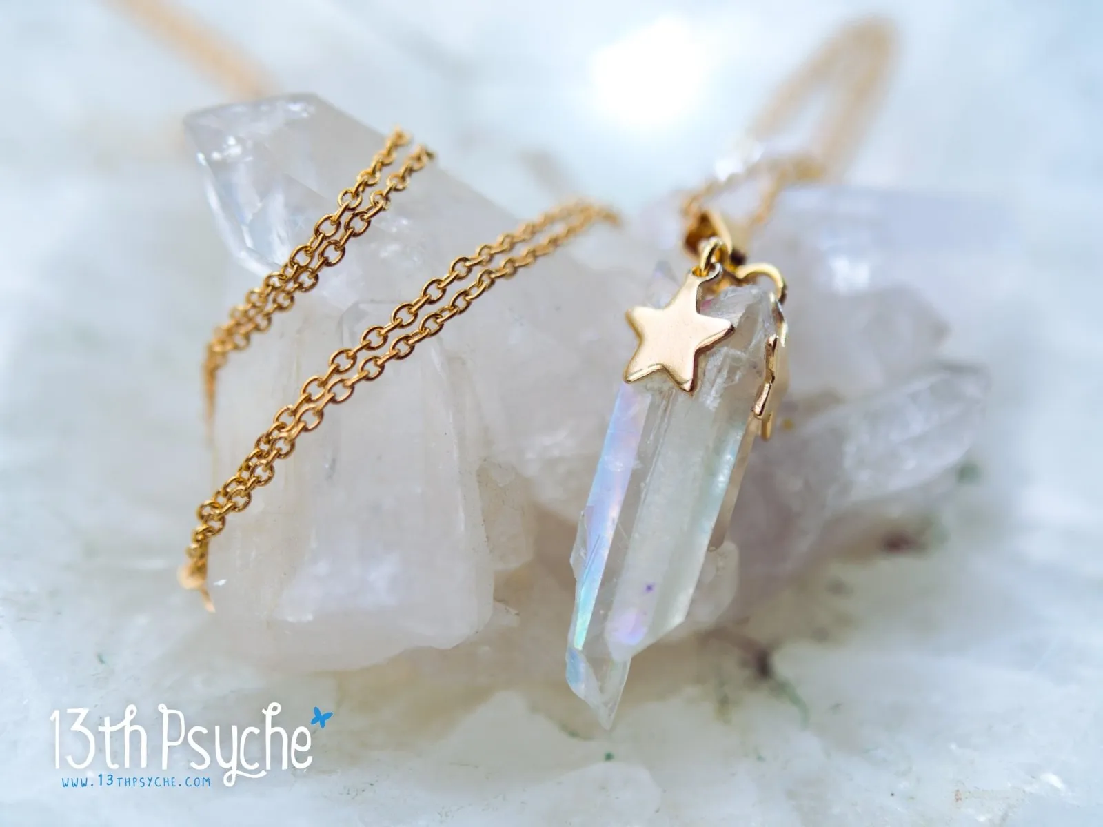 White raw quartz crystal point pendant necklace with golden stars