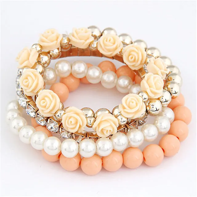 Xiacaier Bracelets For Women Sweet Flower Multilayer Beads Stretch Charm Bracelet Bangle Set Jewelry Costume jewelery Party Gift