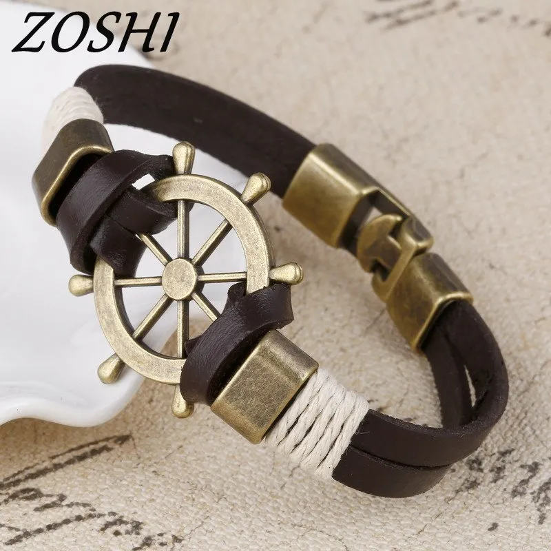 ZOSHI Wholesale Cuff braided Wrap Bracelet & Bangles Men Jewelry Pirate Genuine Leather Anchor Bracelets Vintage Men's Jewelry